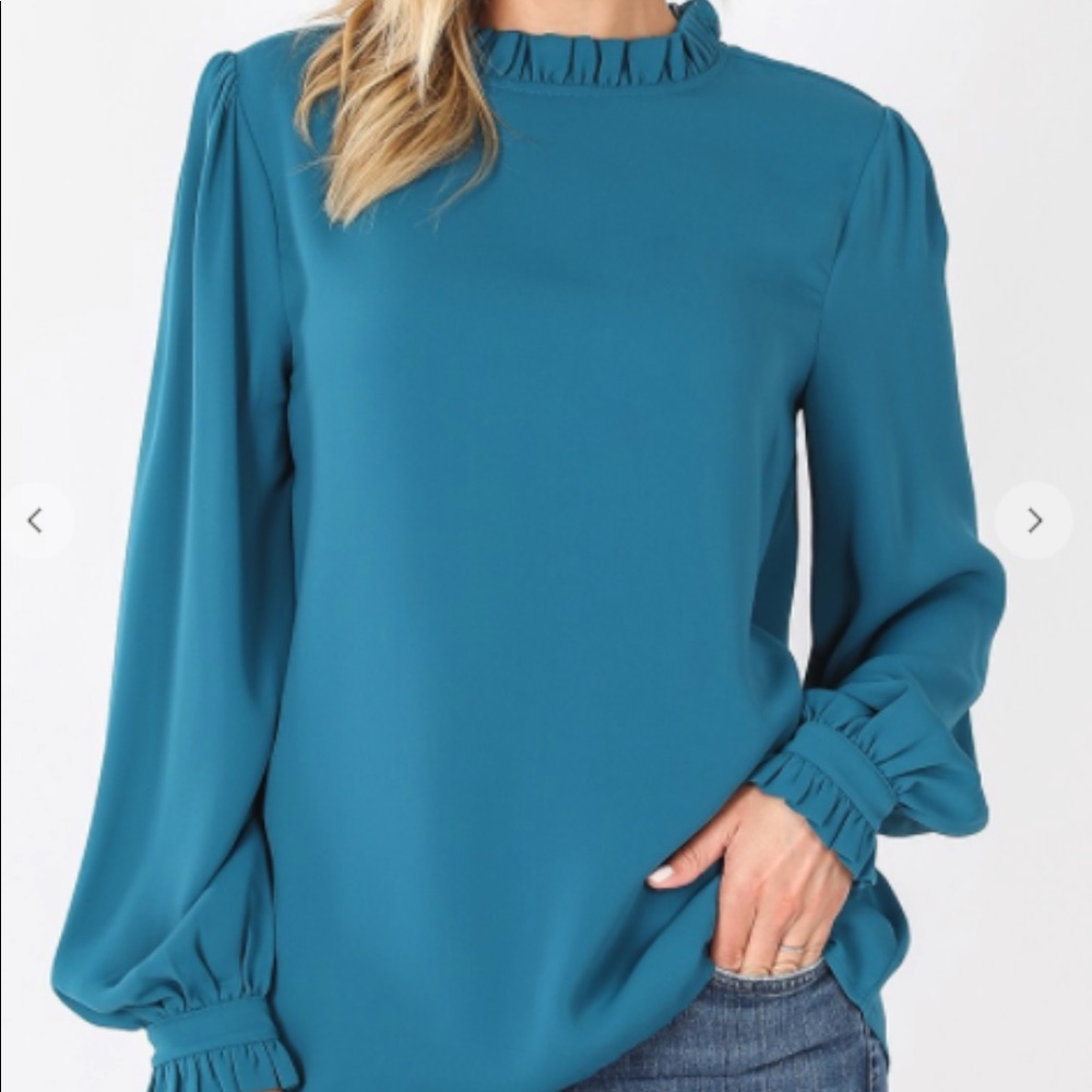 Teal Ruffle Blouse with Pearl Accents